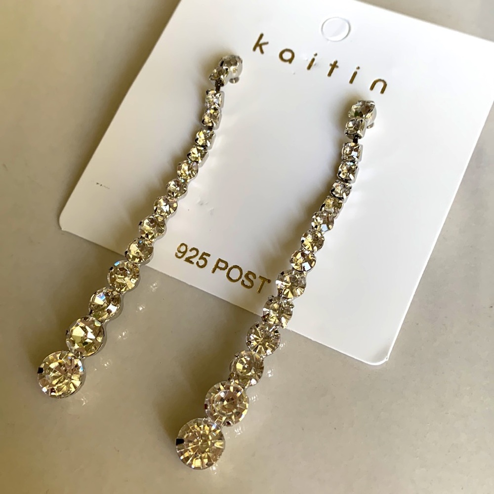 Long Rhinestone Silver Tone Earrings